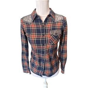 Girl Crazy Blue & Orange Plaid Flannel Lace Accents Size S
